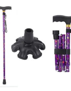 Folding walking cane detail presenting extended stick, six-foot base and folded structure.