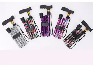 Folding walking cane for elderly, 5-section adjustable aluminum alloy stick with floral print.