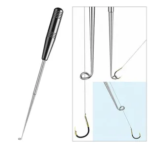 Stainless steel fishing hook remover detail showing the ring tip and deep throat operation.