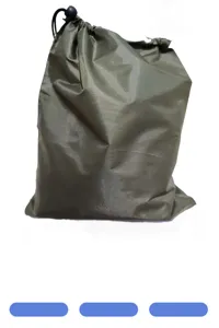 Close up view of the army green nylon drawstring storage bag detail for portable outdoor gear.