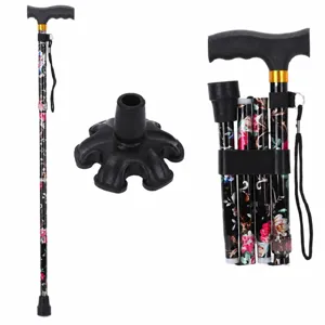 Foldable Aluminum Alloy Walking Cane Adjustable Height Floral Print Walking Stick Portable Mobility Aid For Elderly