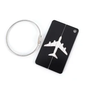 Metal luggage tag with steel wire loop, black aluminum airplane cutout travel id card bag.