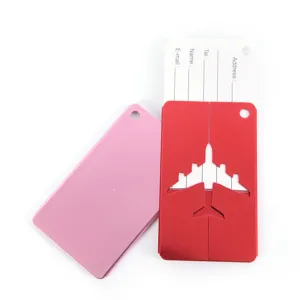 Metal luggage tag with airplane cutout design, aluminum travel suitcase ID name card holder.