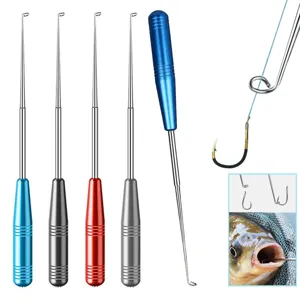 Stainless steel fishing hook remover tool with colorful metal handles for deep unhooking.