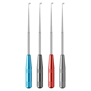 Stainless steel fishing hook remover deep throat disgorger with colorful metal handles.