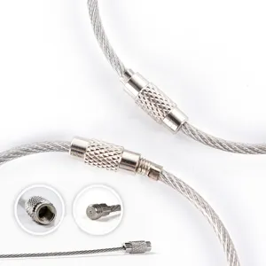 Stainless steel wire rope cable lanyard with threaded barrel connector for luggage tags.