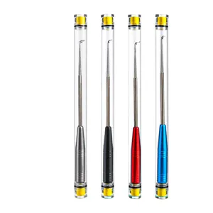 Stainless steel fishing hook remover with clear protective tube for outdoor fishing gear.
