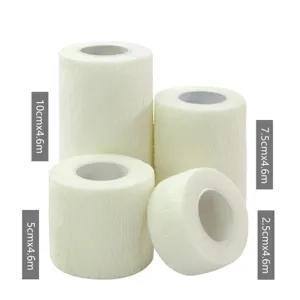 Cohesive elastic bandage set, white non-woven athletic and pet wrap tape in multiple sizes.