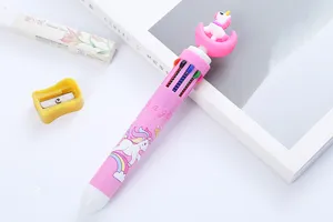 Close-up of a multi-color pink unicorn ballpoint pen with 10 vibrant ink selections