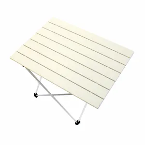 Compact outdoor folding table detail, lightweight aluminum alloy structure for camping and picnic.