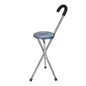 Foldable three-legged walking cane stool with seat, portable metal crutch for elderly use.