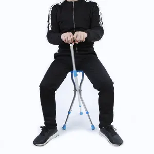 Portable foldable cane stool with aluminum alloy frame, height adjustable seat for outdoor elderly use.