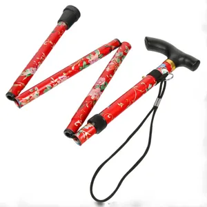 Klappbarer Aluminium Wanderstock mit Blumenmuster, tragbarer T-Griff Gehstock für Senioren.