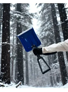 Portable folding snow shovel with blue plastic blade and black D-handle for winter outdoor use.