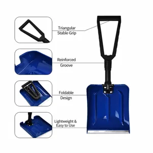 Portable collapsible snow shovel with reinforced blue plastic blade and ergonomic handle.