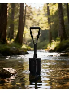 Vue détaillée d'une pelle tactique pliante portable plantée dans l'eau de la rivière.