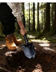 Vue détaillée d'une pelle de camping pliante en forêt, outil robuste pour le plein air et survie.