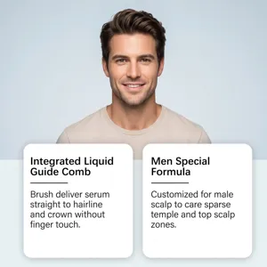 Detailaufnahme der Haarpflegeessenz für Männer mit integriertem Flüssigkeitskamm.