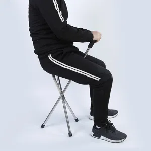 Stainless steel foldable tripod walking stick stool portable outdoor elderly mobility aid chair
