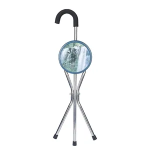 Foldable three-legged cane stool with seat, portable stainless steel walking stick crutch for elderly.
