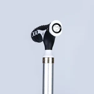 Adjustable folding walking cane with built-in LED light, ergonomic T-handle, silver aluminum shaft.