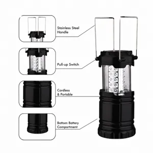 Draagbare inklapbare LED campinglamp met roestvrijstalen handgreep en batterijcompartiment.