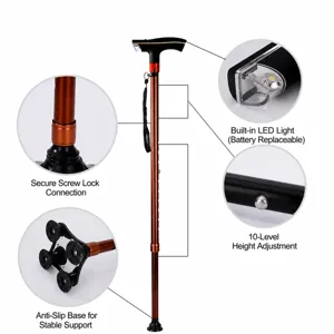 Bastone da passeggio in alluminio regolabile con torcia a LED e base antiscivolo a quattro piedi