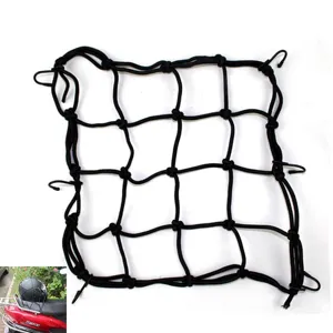Rete elastica nera per casco moto 30x30cm con ganci per stoccaggio bauletto posteriore bagaglio.