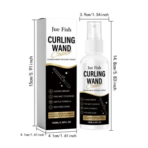 Jue Fish curling wand cleaner detail view showing product dimensions, bottle and box design.