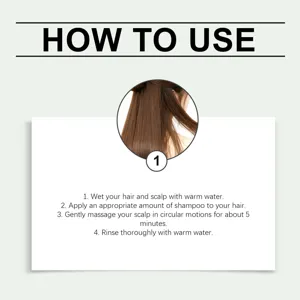 Rosemary shampoo usage instruction detail showing step one hair washing guide clearly.