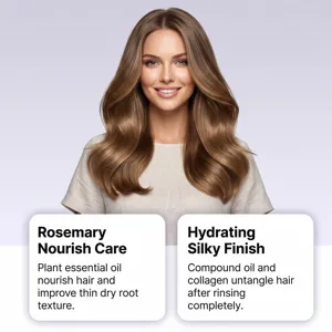 Rosemary hair conditioner detail view showing smooth and shiny hair for daily root nourishment care.