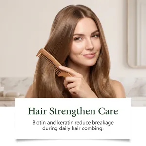 Close-up of wooden hair comb being used by woman for daily care, smooth and anti-static.