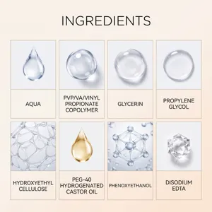 Detail view displaying essential cosmetic ingredients formula and scientific icons.