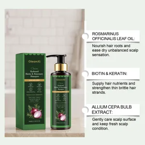 GleamXi Rosemary Onion Shampoo detail view showing nourishing plant ingredients and benefits.