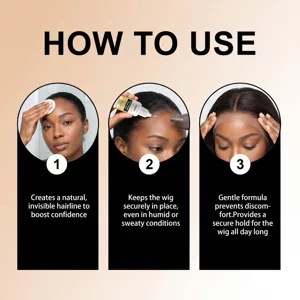 Detailed view of wig glue application steps, showing natural hairline styling method.