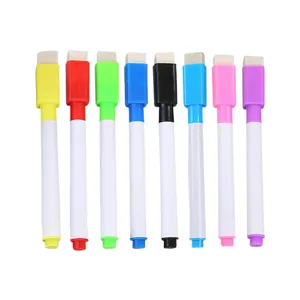 Set of 8 colorful mini whiteboard markers with built-in erasers on white background