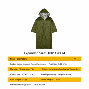 Imperméable Thermique d'Urgence Extérieur Poncho En Film Aluminium PE Imperméable Pour Camping Randonnée Aventure