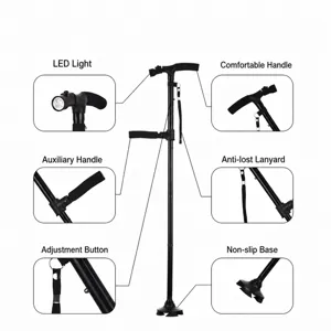 Opvouwbare aluminium wandelstok met dubbele handgrepen, LED-lamp en antislipvoet voor senioren.