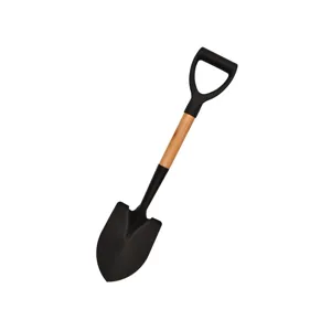 Pala da giardino resistente con manico in legno e lama metallica nera per campeggio all aperto.
