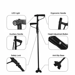 Multi-functional folding elderly walking stick with double handle and LED light for safety.