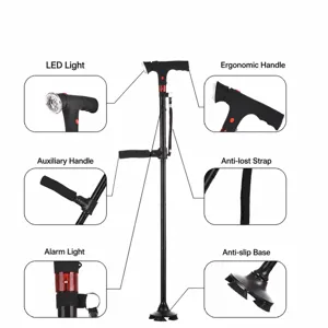 Verstellbarer Klappstock mit LED-Licht, Doppelgriff, Alarm und rutschfester Basis.