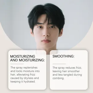 Hair volume spray detail, moisturizing and smoothing hair care product feature close-up.