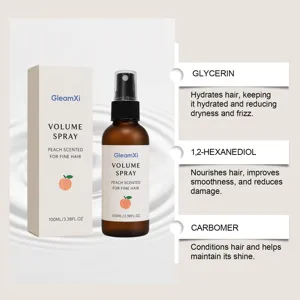 GleamXi peach scented hair volume spray detail view, lightweight formula for fine hair care.