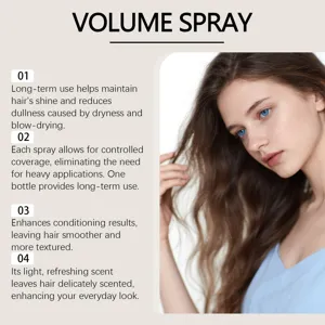 Hair volume spray detail image showing product benefits, long-lasting shine and smoothing formula.