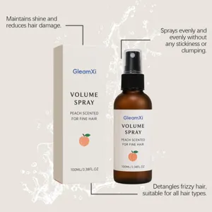 GleamXi peach scented hair volume spray 100ml, lightweight formula for fine hair care.