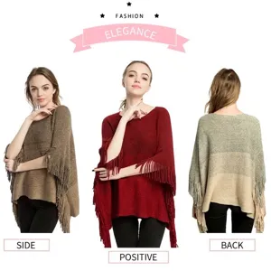 Elegant women's oversized knit poncho featuring fringe tassels and gold silk yarn accents