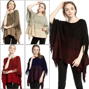 Elegant women's loose knit poncho sweater with gold thread and fringe decorations