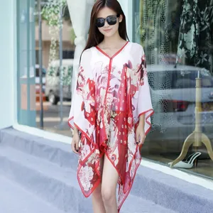 Dames Chiffon Zonbescherming Omslagdoek Literair Retro Gedrukte Sjaal Met Parelknop Strand Zonnescherm Sjaal Voor de Zomer
