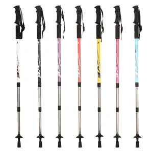 Aluminum alloy telescopic trekking poles with straight handles, adjustable outdoor hiking gear.