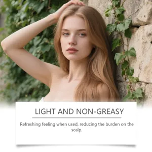 Detailed view of scalp essence care scene featuring natural model with smooth hair.
